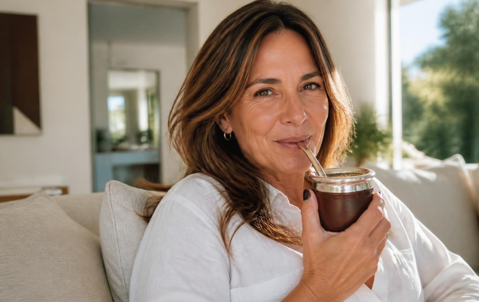 Madre e hija compartiendo mate en el living